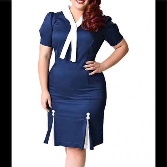 Unique Vintage x Hell Bunny Plus Size Navy Blue Sailor Jackie Pencil Dress - Picture 6 of 14